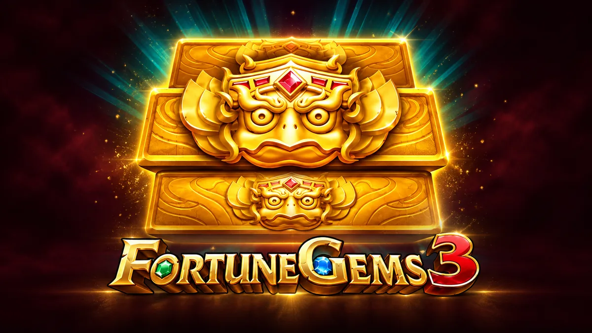 Portada de Fortune Gems 3 con gemas y el título del juego de TaDa Gaming sobre un fondo oscuro.