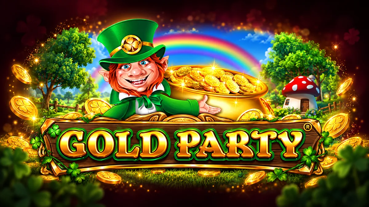 Portada de Gold Party de Pragmatic Play con un duende irlandés, oro y un arcoíris.