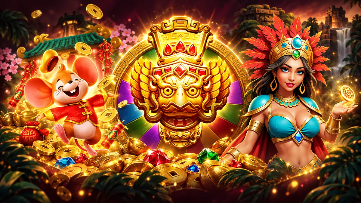 Gemas, monedas de oro y símbolos de los juegos de OKS999 sobre un fondo rojo oscuro